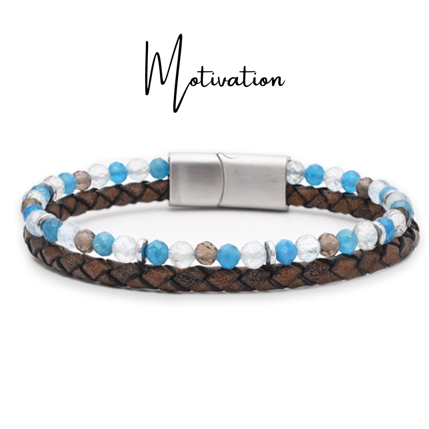 Armband "Motivation" Leder braun, Apatit, Blauer Topas, Rauchquarz & Hämatit – Zielstrebigkeit, Inspiration & Lebenskraft
