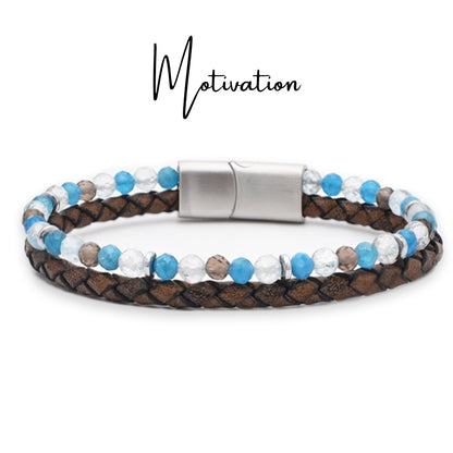 Armband "Motivation" Leder braun, Apatit, Blauer Topas, Rauchquarz & Hämatit – Zielstrebigkeit, Inspiration & Lebenskraft