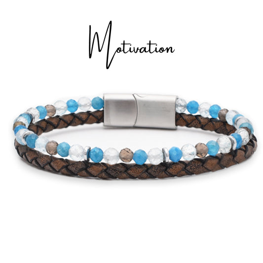 Armband "Motivation" Leder braun, Apatit, Blauer Topas, Rauchquarz & Hämatit – Zielstrebigkeit, Inspiration & Lebenskraft