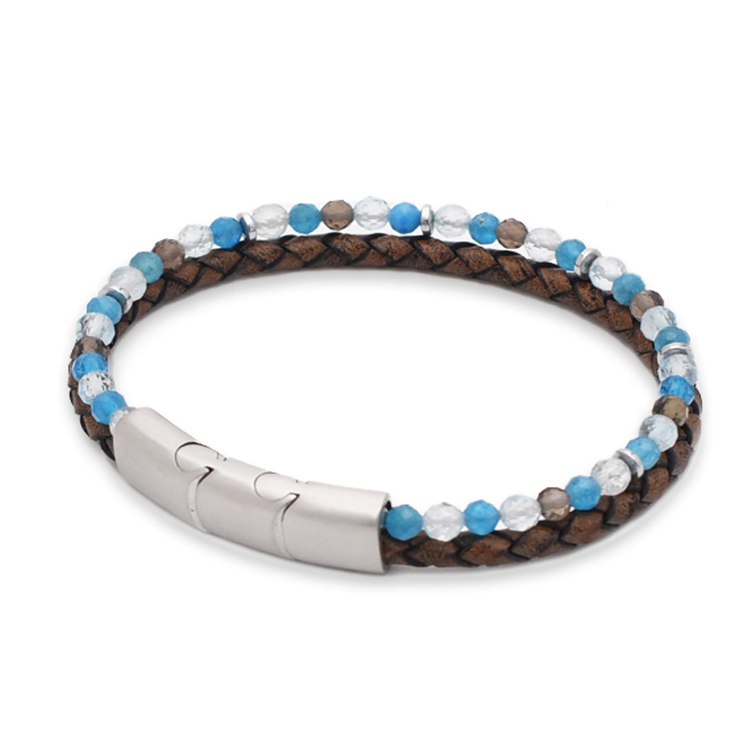 Armband "Motivation" Leder braun, Apatit, Blauer Topas, Rauchquarz & Hämatit – Zielstrebigkeit, Inspiration & Lebenskraft