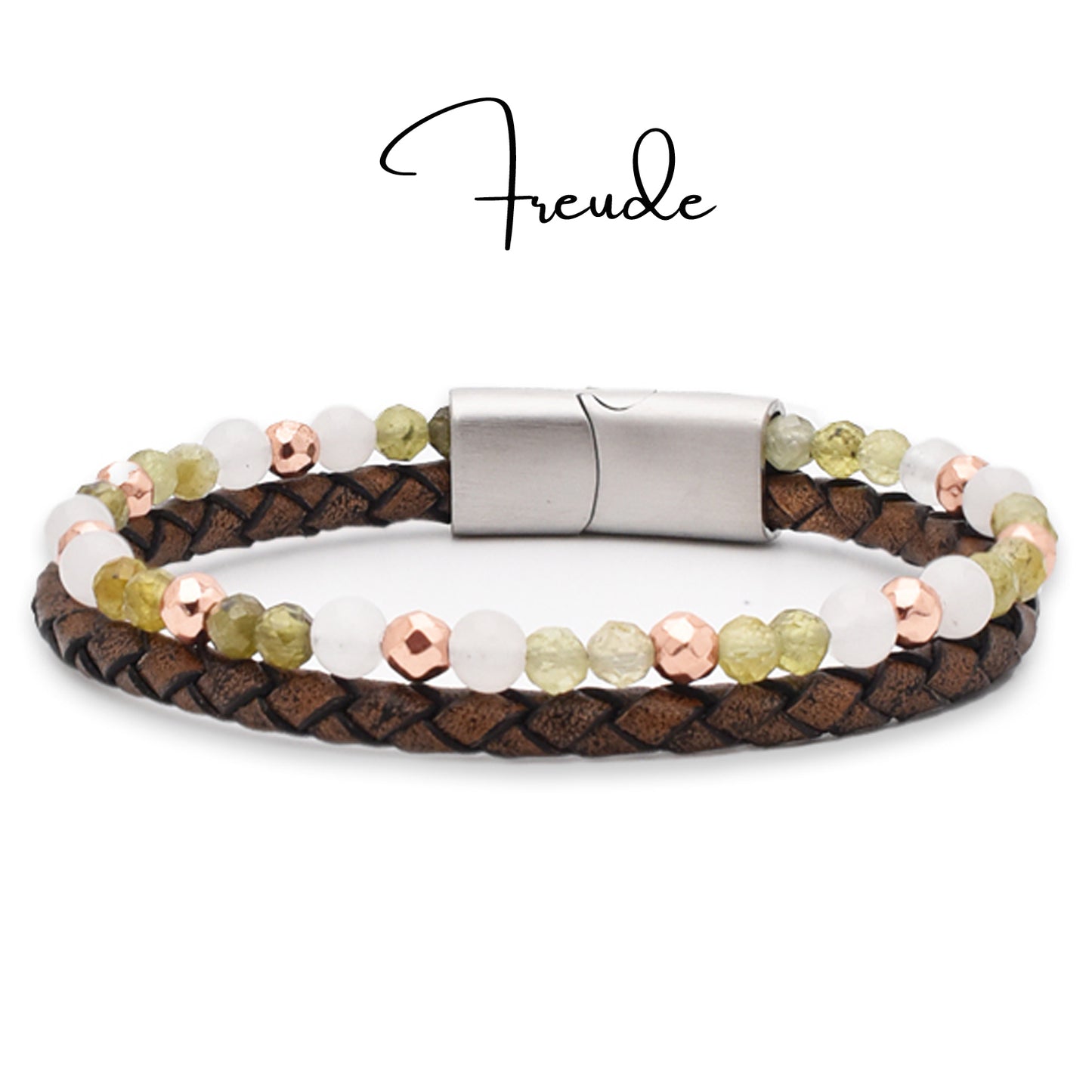 Armband "Freude" Leder braun, Peridot, Jade & Hämatit – Lebenslust, Schutz & innere Ruhe