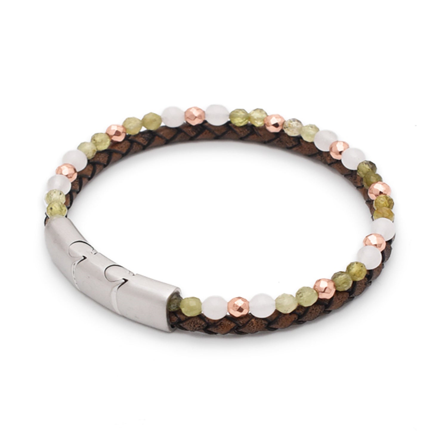 Armband "Freude" Leder braun, Peridot, Jade & Hämatit – Lebenslust, Schutz & innere Ruhe