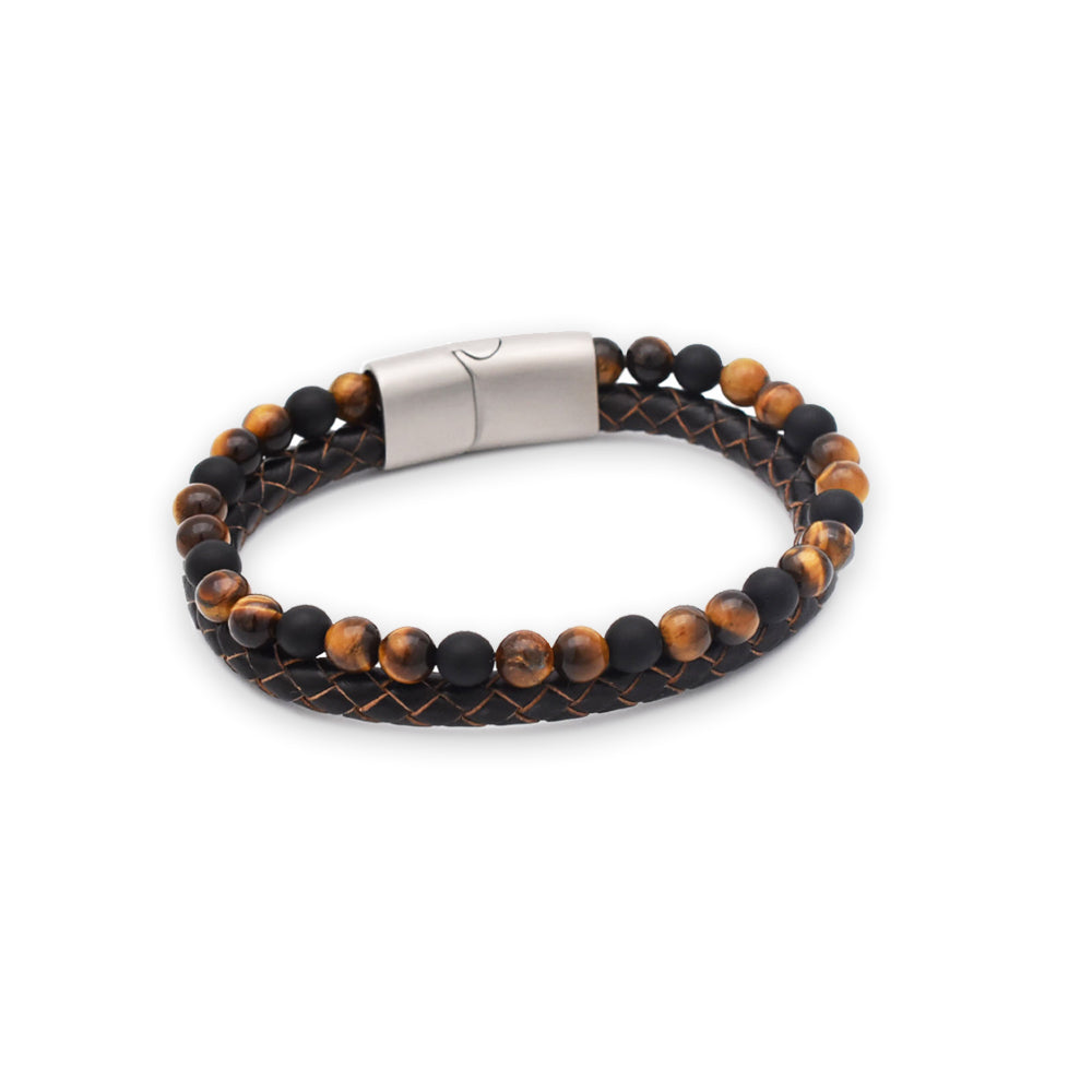 Armband "Golden Sun" Leder braun, Onyx & Tigerauge - Mut & Schutz