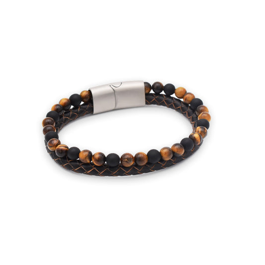 Armband "Golden Sun" Leder braun, Onyx & Tigerauge - Mut & Schutz