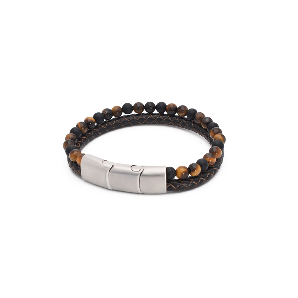 Armband "Golden Sun" Leder braun, Onyx & Tigerauge - Mut & Schutz