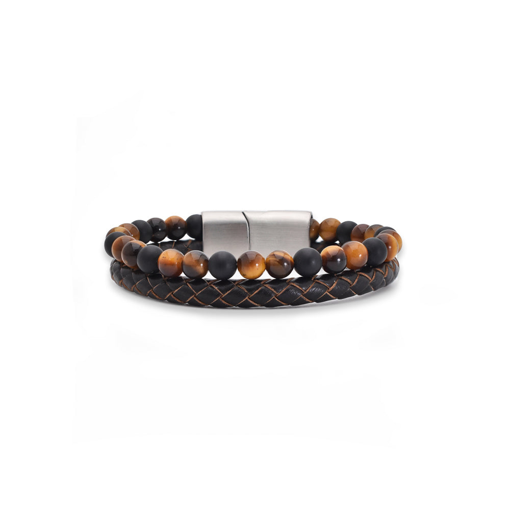 Armband "Golden Sun" Leder braun, Onyx & Tigerauge - Mut & Schutz