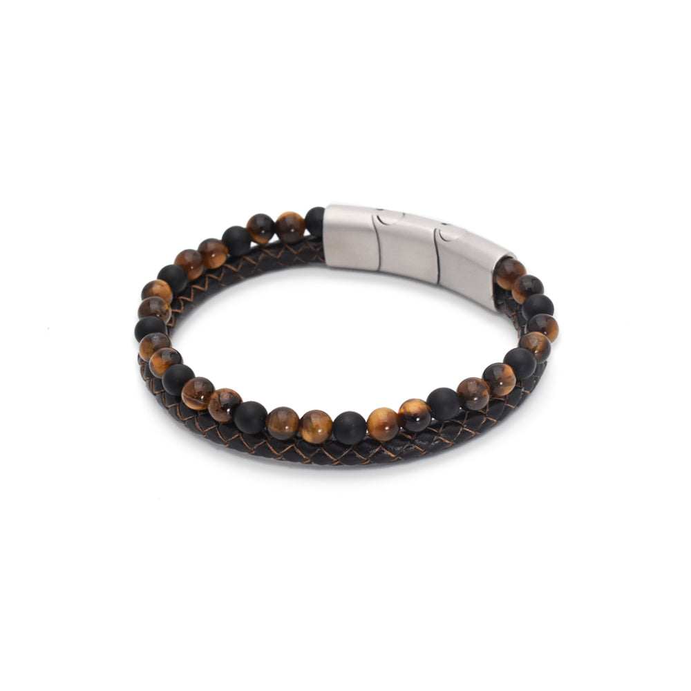 Armband "Golden Sun" Leder braun, Onyx & Tigerauge - Mut & Schutz