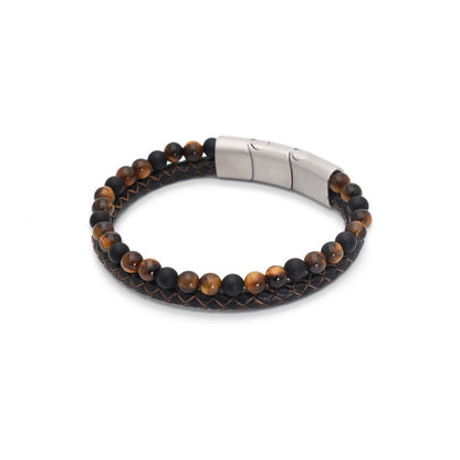 Armband "Golden Sun" Leder braun, Onyx & Tigerauge - Mut & Schutz
