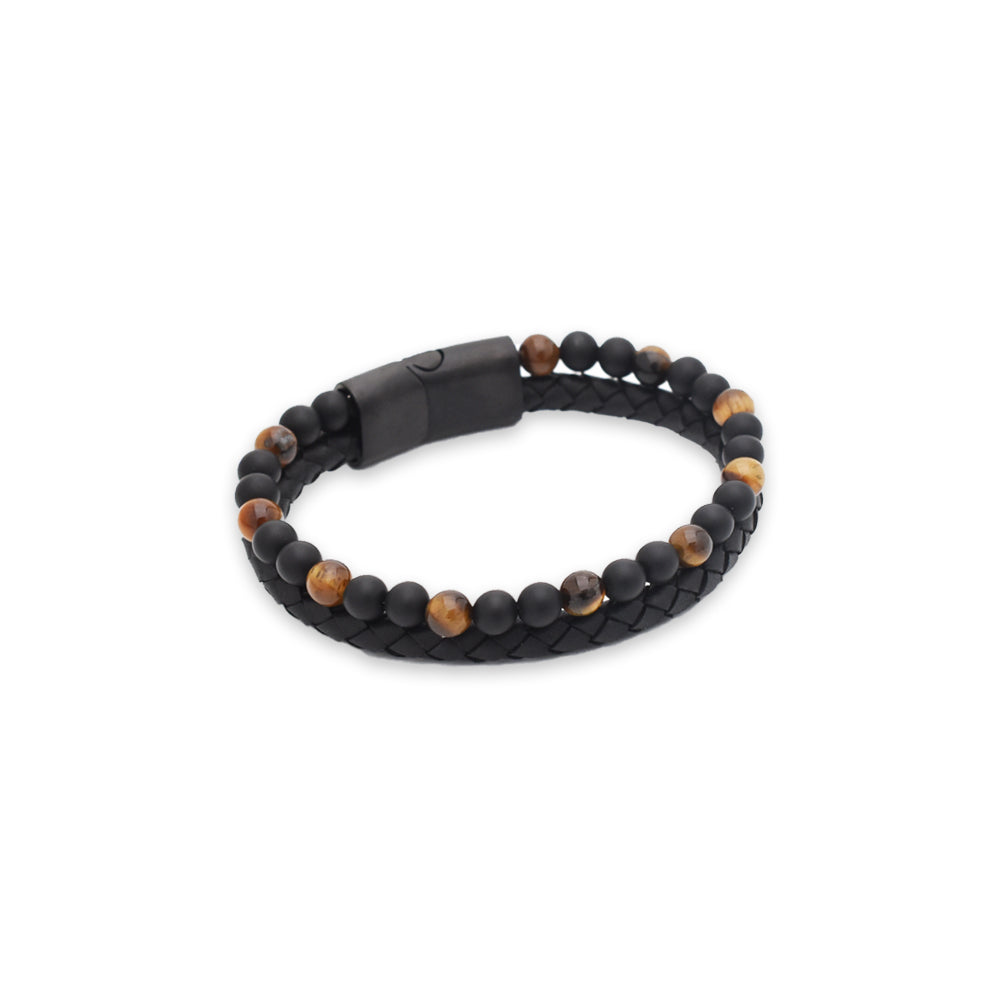 Armband "Golden Spirit" Leder schwarz, Onyx & Tigerauge - Mut & Schutz
