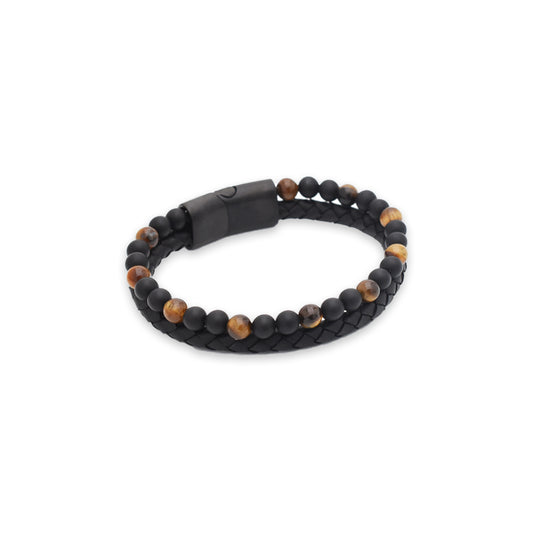 Armband "Golden Spirit" Leder schwarz, Onyx & Tigerauge - Mut & Schutz