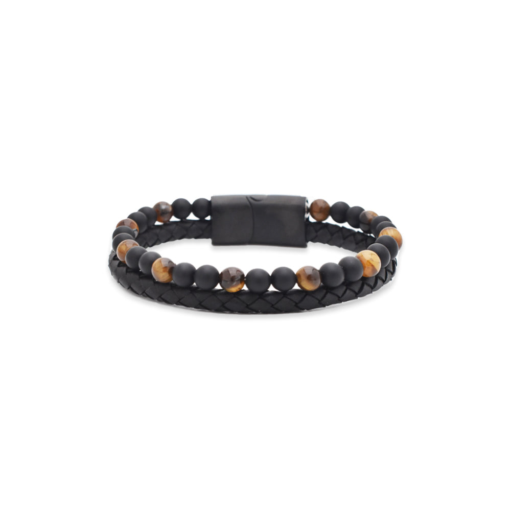 Armband "Golden Spirit" Leder schwarz, Onyx & Tigerauge - Mut & Schutz