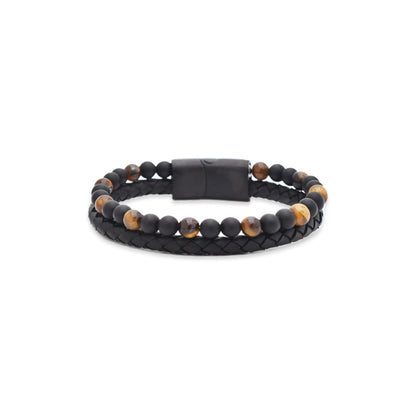 Armband "Golden Spirit" Leder schwarz, Onyx & Tigerauge - Mut & Schutz