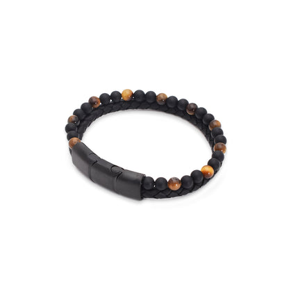 Armband "Golden Spirit" Leder schwarz, Onyx & Tigerauge - Mut & Schutz
