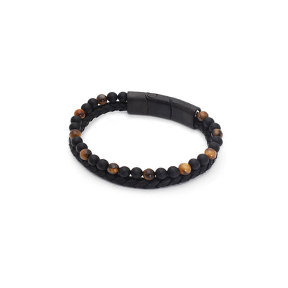 Armband "Golden Spirit" Leder schwarz, Onyx & Tigerauge - Mut & Schutz