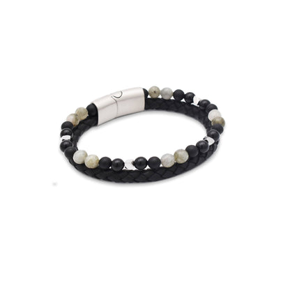 Armband "Mystic Black" Leder schwarz, Labradorit, Hämatit & Onyx – Intuition, Energie & Schutz