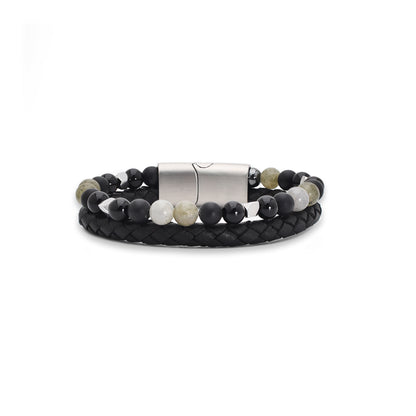 Armband "Mystic Black" Leder schwarz, Labradorit, Hämatit & Onyx – Intuition, Energie & Schutz