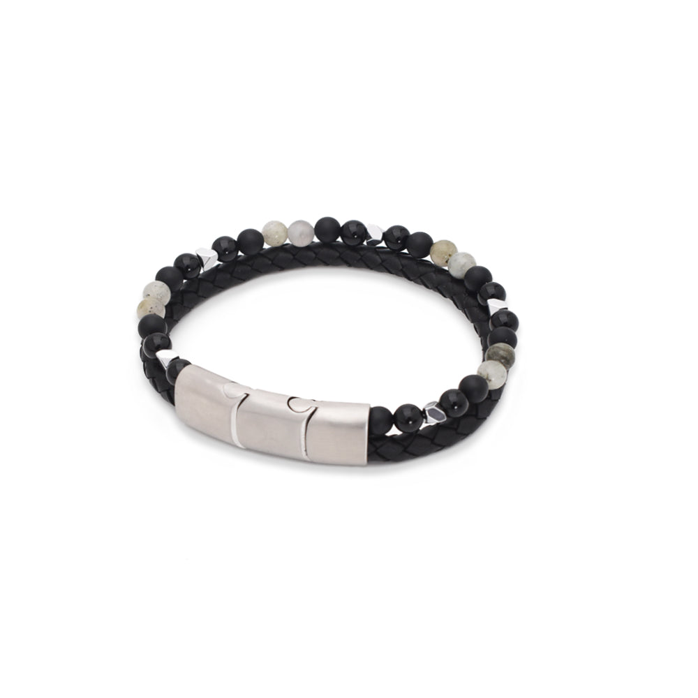 Armband "Mystic Black" Leder schwarz, Labradorit, Hämatit & Onyx – Intuition, Energie & Schutz