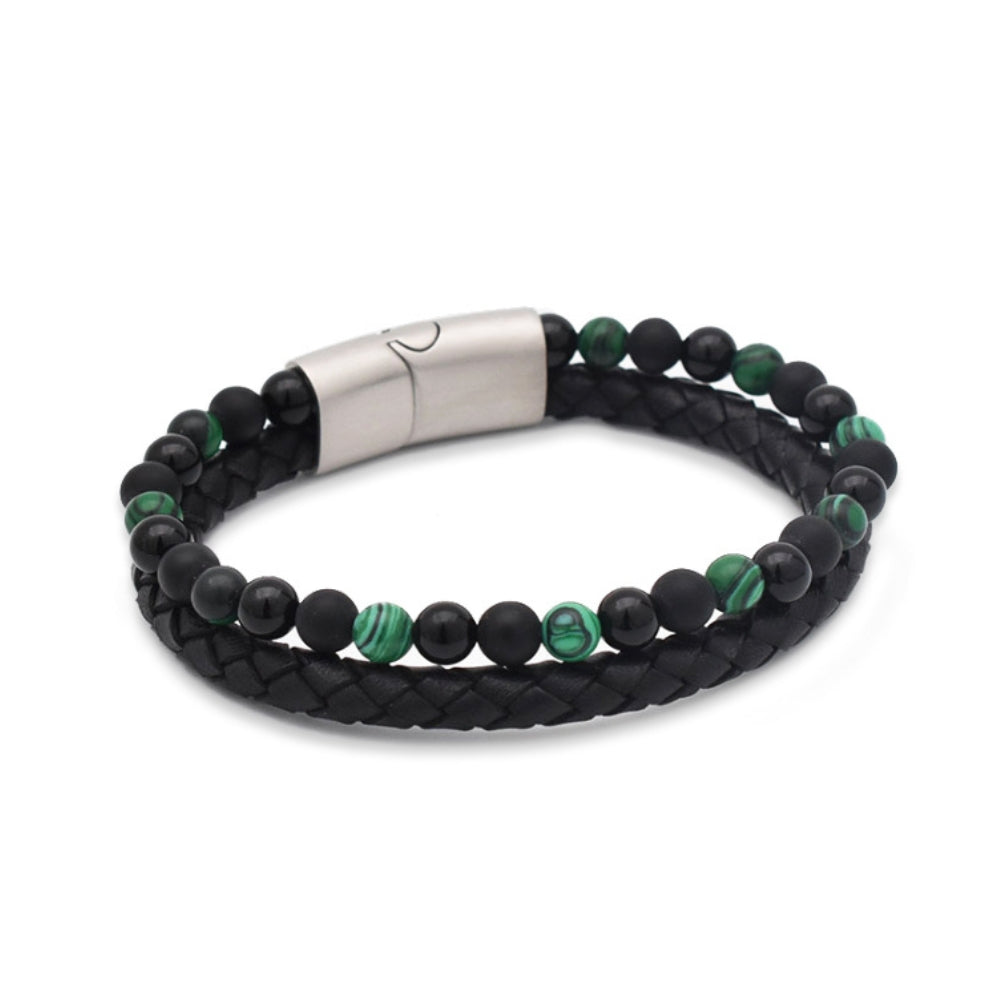Armband "Green Mamba" Leder schwarz, Malachit & Onyx – Harmonie, Schutz & innere Stärke