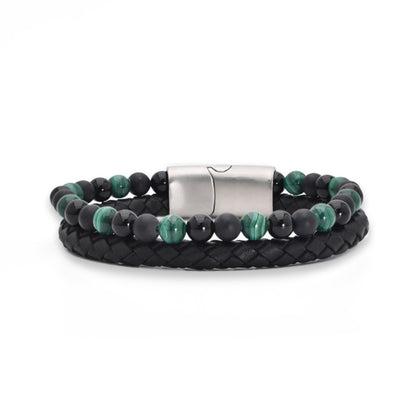 Armband "Green Mamba" Leder schwarz, Malachit & Onyx – Harmonie, Schutz & innere Stärke