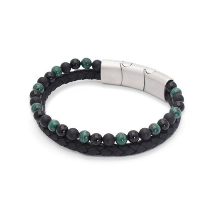 Armband "Green Mamba" Leder schwarz, Malachit & Onyx – Harmonie, Schutz & innere Stärke