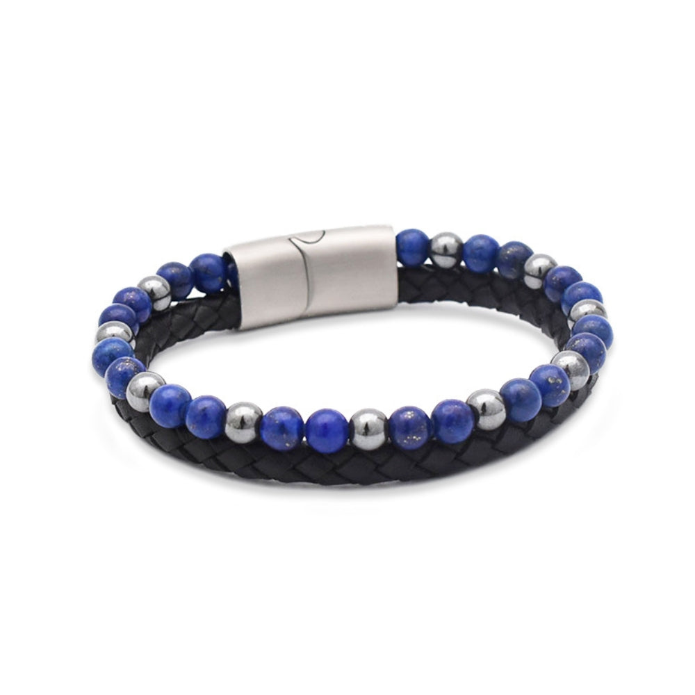 Armband „Royal Blue“ Leder schwarz, Lapislazuli & Hämatit – Weisheit, Erdung & Eleganz