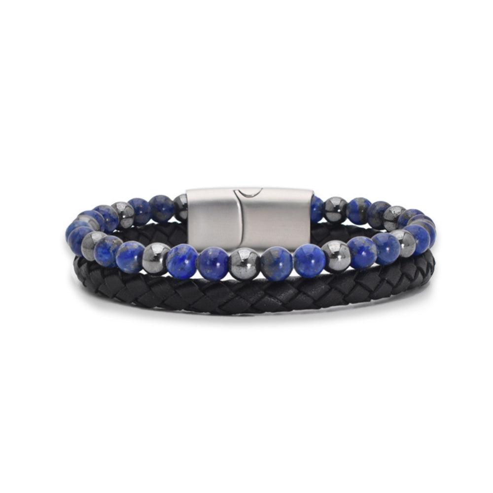 Armband „Royal Blue“ Leder schwarz, Lapislazuli & Hämatit – Weisheit, Erdung & Eleganz