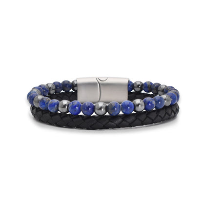 Armband „Royal Blue“ Leder schwarz, Lapislazuli & Hämatit – Weisheit, Erdung & Eleganz
