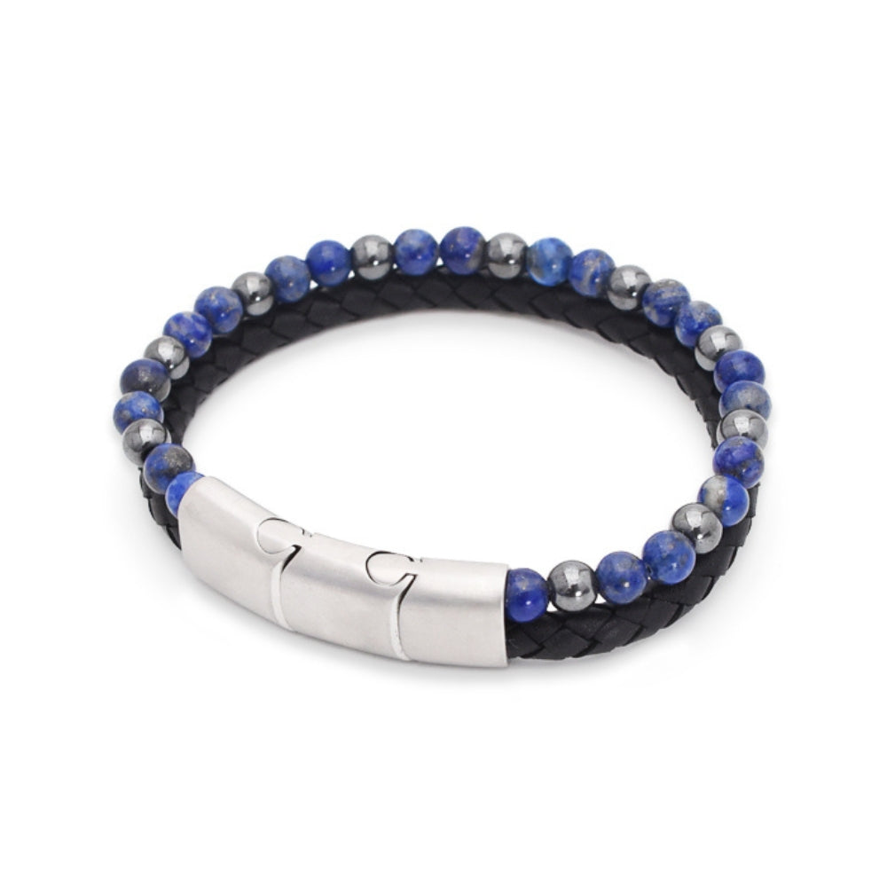 Armband „Royal Blue“ Leder schwarz, Lapislazuli & Hämatit – Weisheit, Erdung & Eleganz