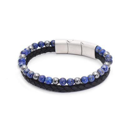 Armband „Royal Blue“ Leder schwarz, Lapislazuli & Hämatit – Weisheit, Erdung & Eleganz