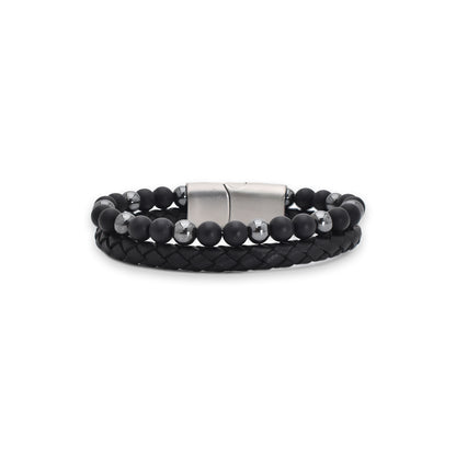 Armband "Black Star" Leder schwarz, Onyx & Hämatit – Schutz, Erdung & Stärke