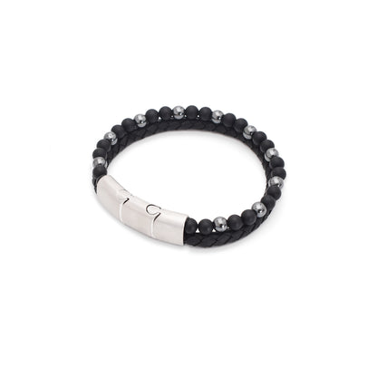 Armband "Black Star" Leder schwarz, Onyx & Hämatit – Schutz, Erdung & Stärke