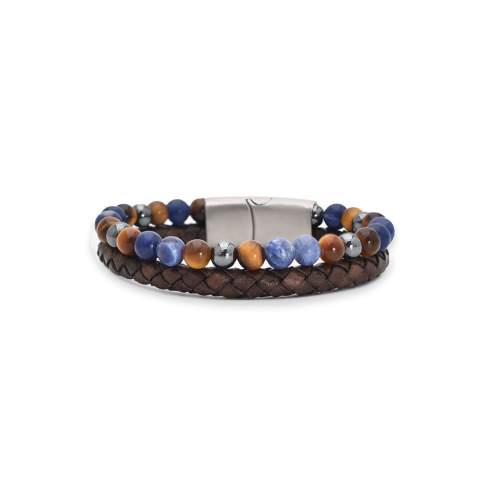 Armband "Blue Beads" Leder braun, Sodalith, Tigerauge & Hämatit – innere Kraft & Ausgeglichenheit