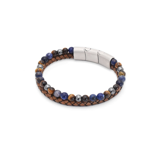 Armband "Blue Beads" Leder braun, Sodalith, Tigerauge & Hämatit – innere Kraft & Ausgeglichenheit