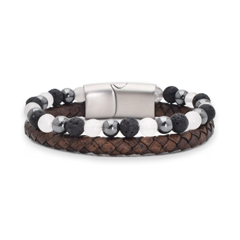 Armband „Majestic Grey“ Leder braun, Achat, Lava & Hämatit – Eleganz, Stärke & Erdung