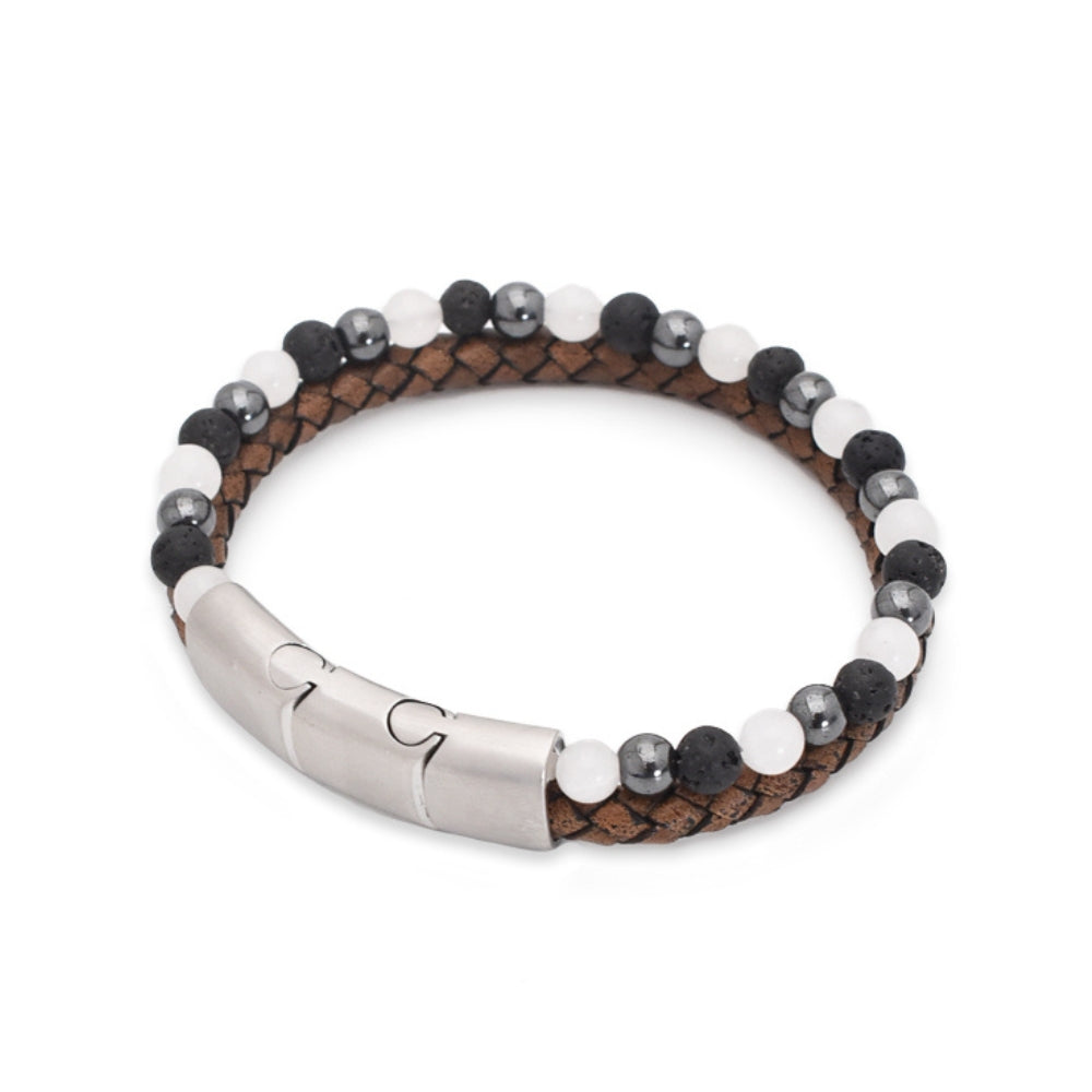 Armband „Majestic Grey“ Leder braun, Achat, Lava & Hämatit – Eleganz, Stärke & Erdung