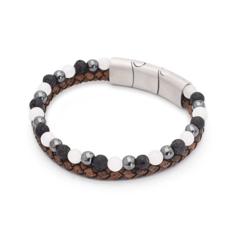 Armband „Majestic Grey“ Leder braun, Achat, Lava & Hämatit – Eleganz, Stärke & Erdung