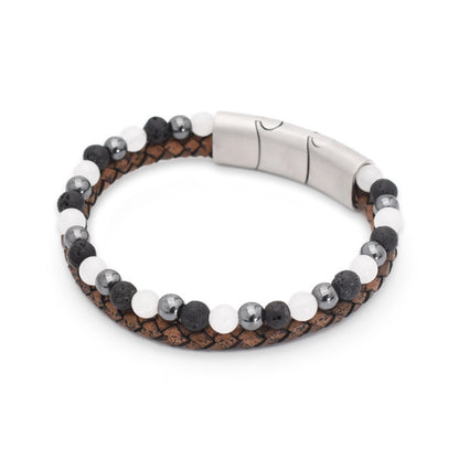 Armband „Majestic Grey“ Leder braun, Achat, Lava & Hämatit – Eleganz, Stärke & Erdung