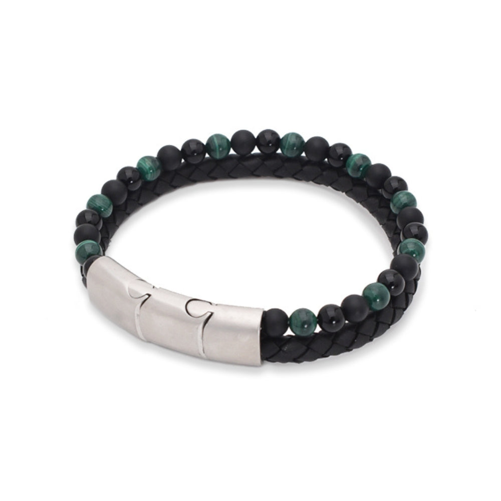 Armband "Green Mamba" Leder schwarz, Malachit & Onyx – Harmonie, Schutz & innere Stärke