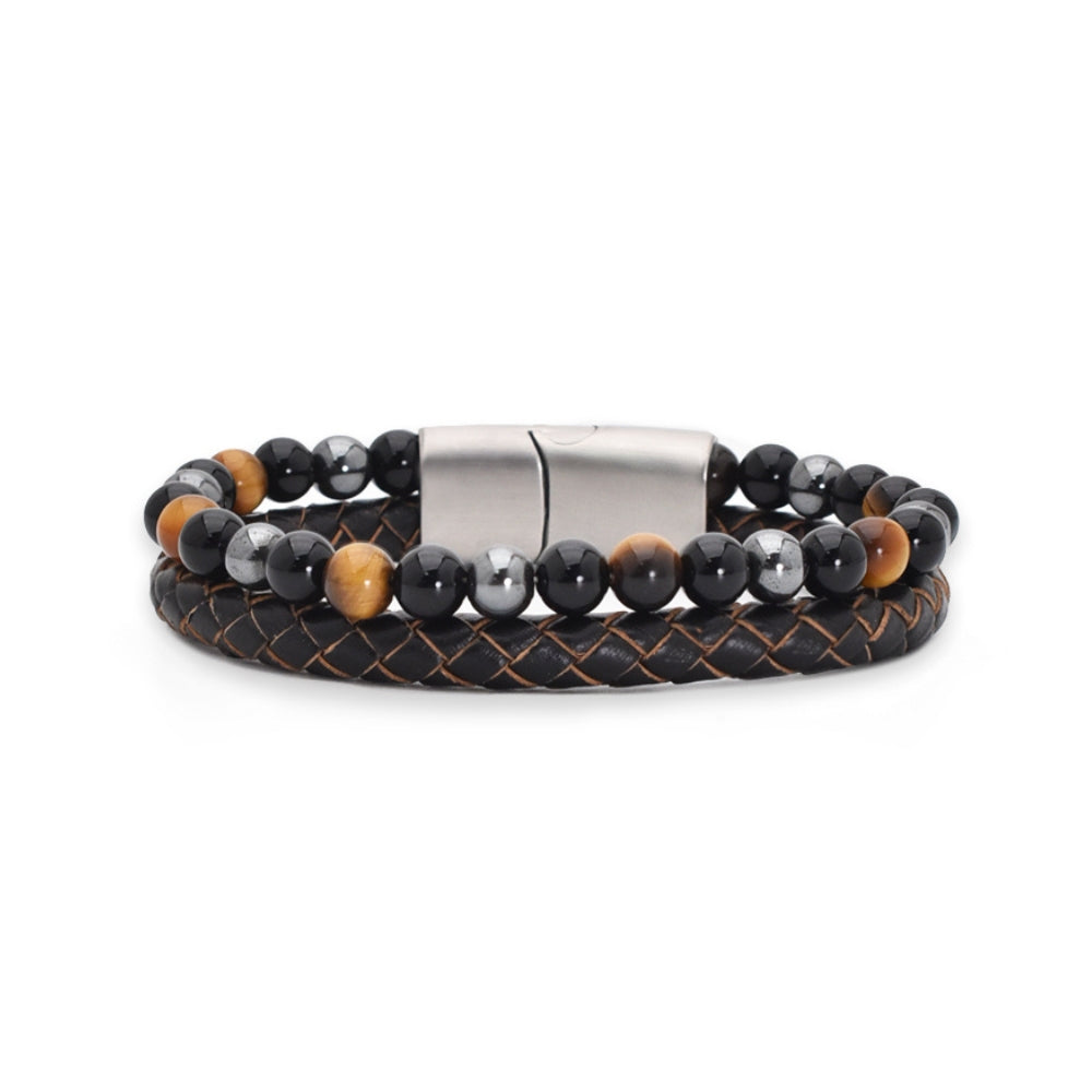 Armband „Fashion Brown“ Leder dunkelbraun, Tigerauge, Onyx & Hämatit – Stärke, Schutz & Selbstbewusstsein
