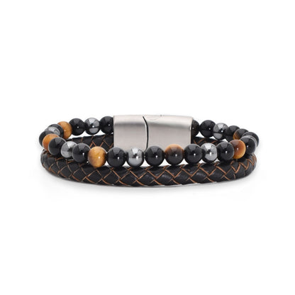 Armband „Fashion Brown“ Leder dunkelbraun, Tigerauge, Onyx & Hämatit – Stärke, Schutz & Selbstbewusstsein