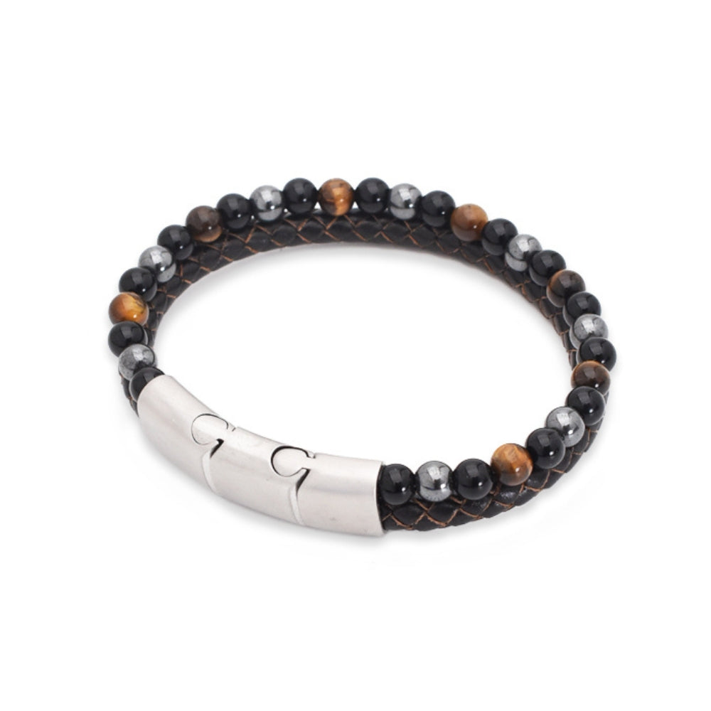 Armband „Fashion Brown“ Leder dunkelbraun, Tigerauge, Onyx & Hämatit – Stärke, Schutz & Selbstbewusstsein