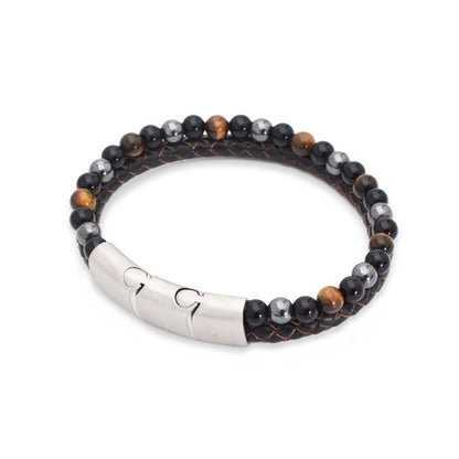 Armband „Fashion Brown“ Leder dunkelbraun, Tigerauge, Onyx & Hämatit – Stärke, Schutz & Selbstbewusstsein