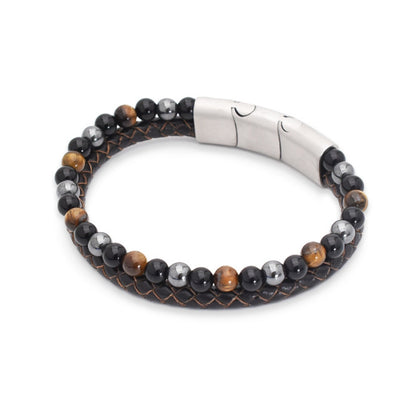Armband „Fashion Brown“ Leder dunkelbraun, Tigerauge, Onyx & Hämatit – Stärke, Schutz & Selbstbewusstsein