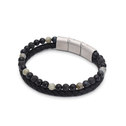 Armband "Dark Moon" Leder schwarz, Labradorit, Onyx, Falkenauge & Lava – Schutz, Stärke & Ausgeglichenheit