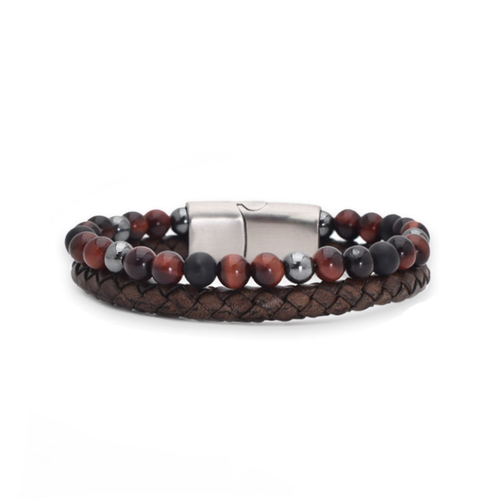Armband „Red Passion“ Leder hellbraun, rotes Tigerauge, Onyx & Hämatit – Stärke, Selbstvertrauen & Eleganz