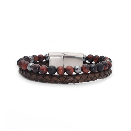 Armband „Red Passion“ Leder hellbraun, rotes Tigerauge, Onyx & Hämatit – Stärke, Selbstvertrauen & Eleganz