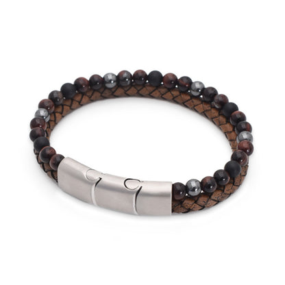 Armband „Red Passion“ Leder hellbraun, rotes Tigerauge, Onyx & Hämatit – Stärke, Selbstvertrauen & Eleganz