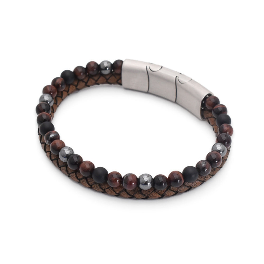Armband „Red Passion“ Leder hellbraun, rotes Tigerauge, Onyx & Hämatit – Stärke, Selbstvertrauen & Eleganz