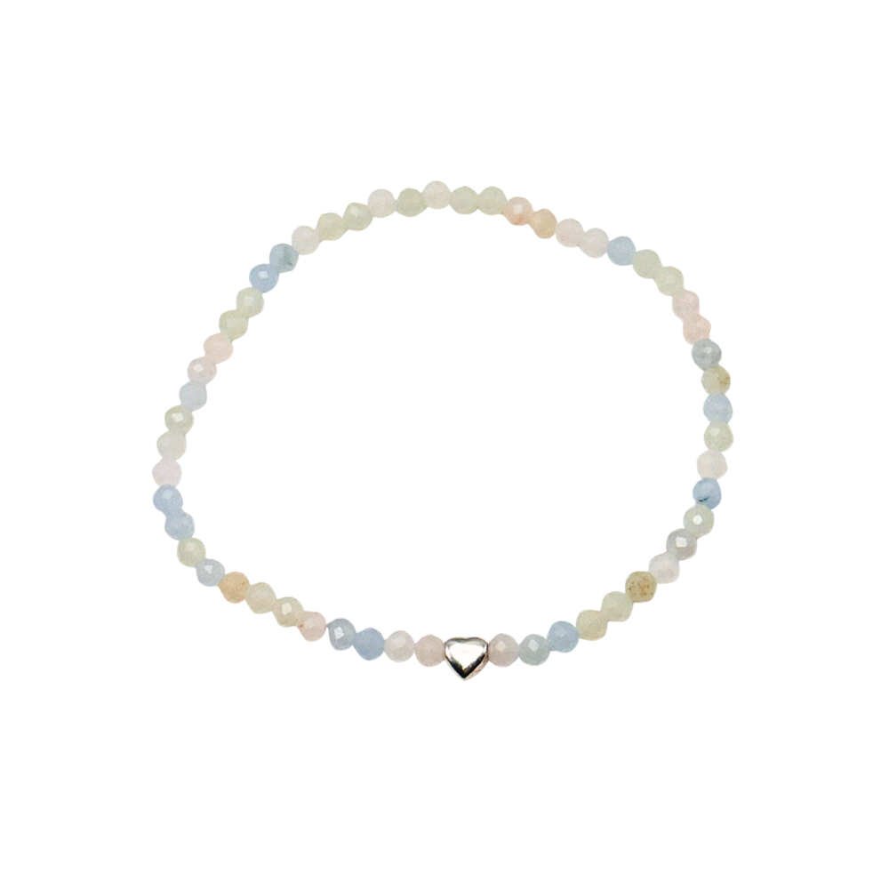 Edelsteinarmband "Morganit & Herz silber" (3mm Perlen, facettiert) Liebe, Herzensfreude & innere Harmonie