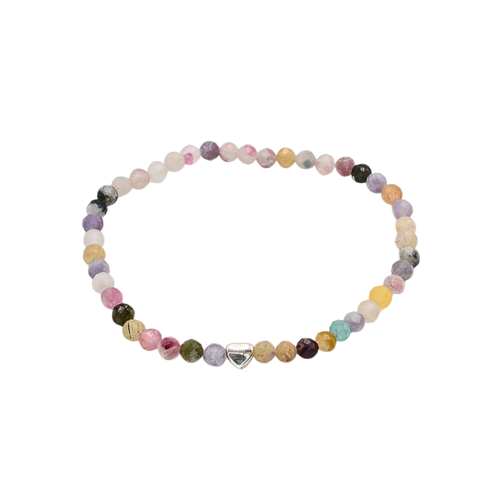 Edelsteinarmband „Bunter Turmalin & Herz silber“ (4mm Perlen) für Liebe, Lebensfreude & innere Harmonie